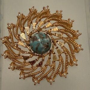 Gold and Turquoise Brooch with Pearl Accents (B25)